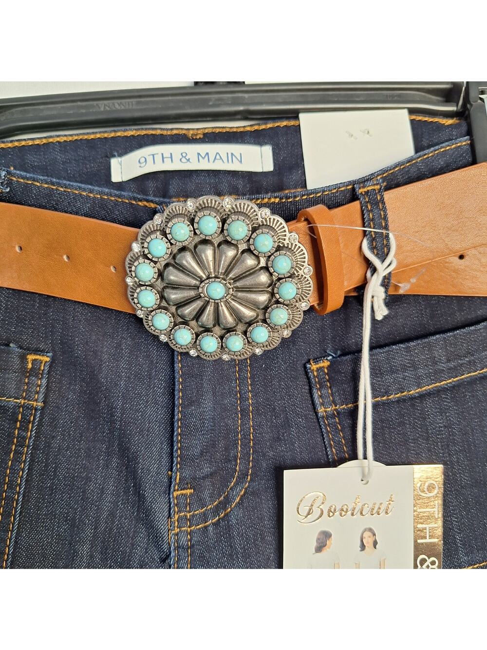 NWT Western Cowgirl Jeans Sz 6 Turquoise Belt High Rise Dark Wash 9th and Main